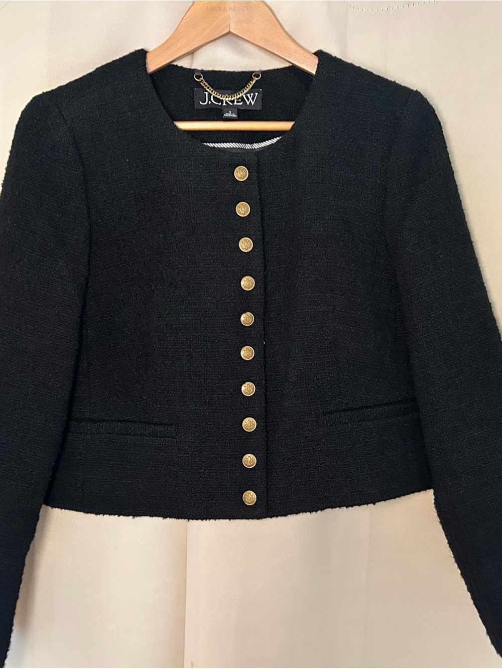 J. Crew Black Cropped Tweed Jacket with Gold Buttons